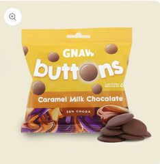 Packaging of GNAW buttons caramel milk chocolate on a beige background
