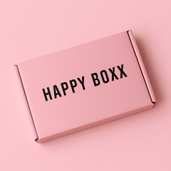 Image of the a pink gift box with the text 'Happy Boxx' written on the box.