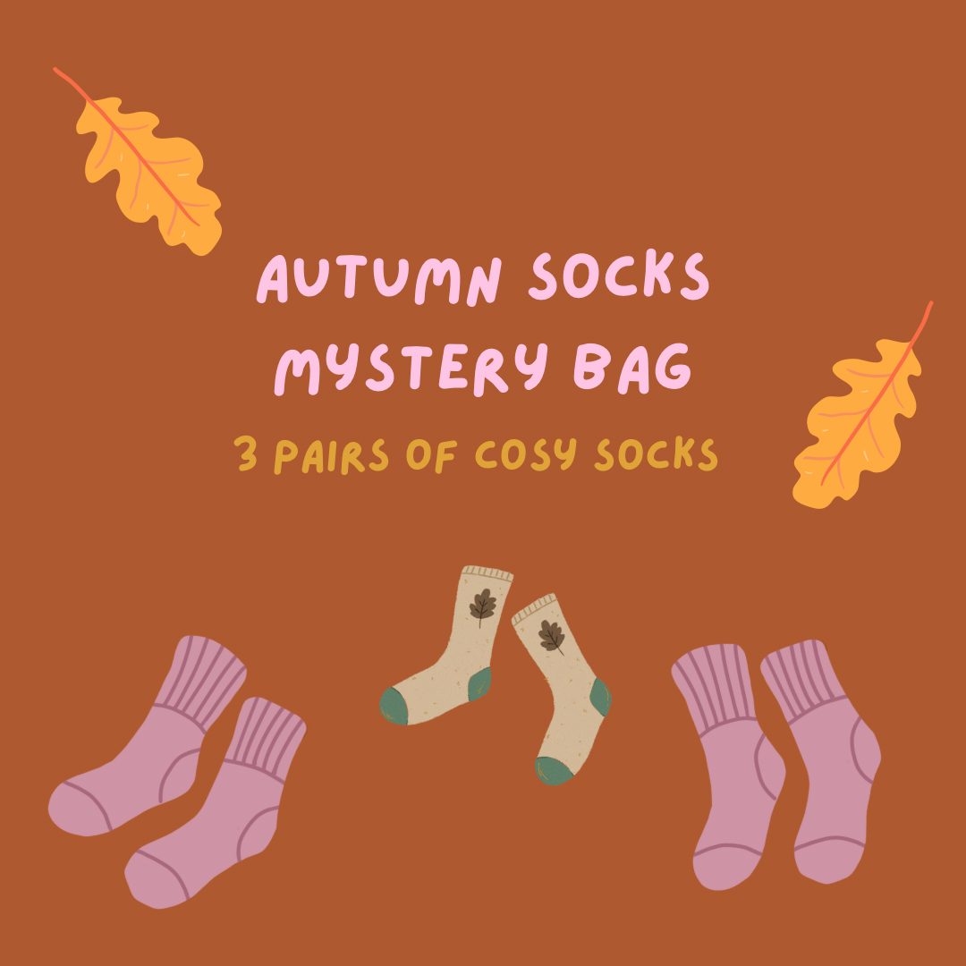 Promotional graphic for autumn socks mystery bag with cartoon socks and leaves on a brown background.