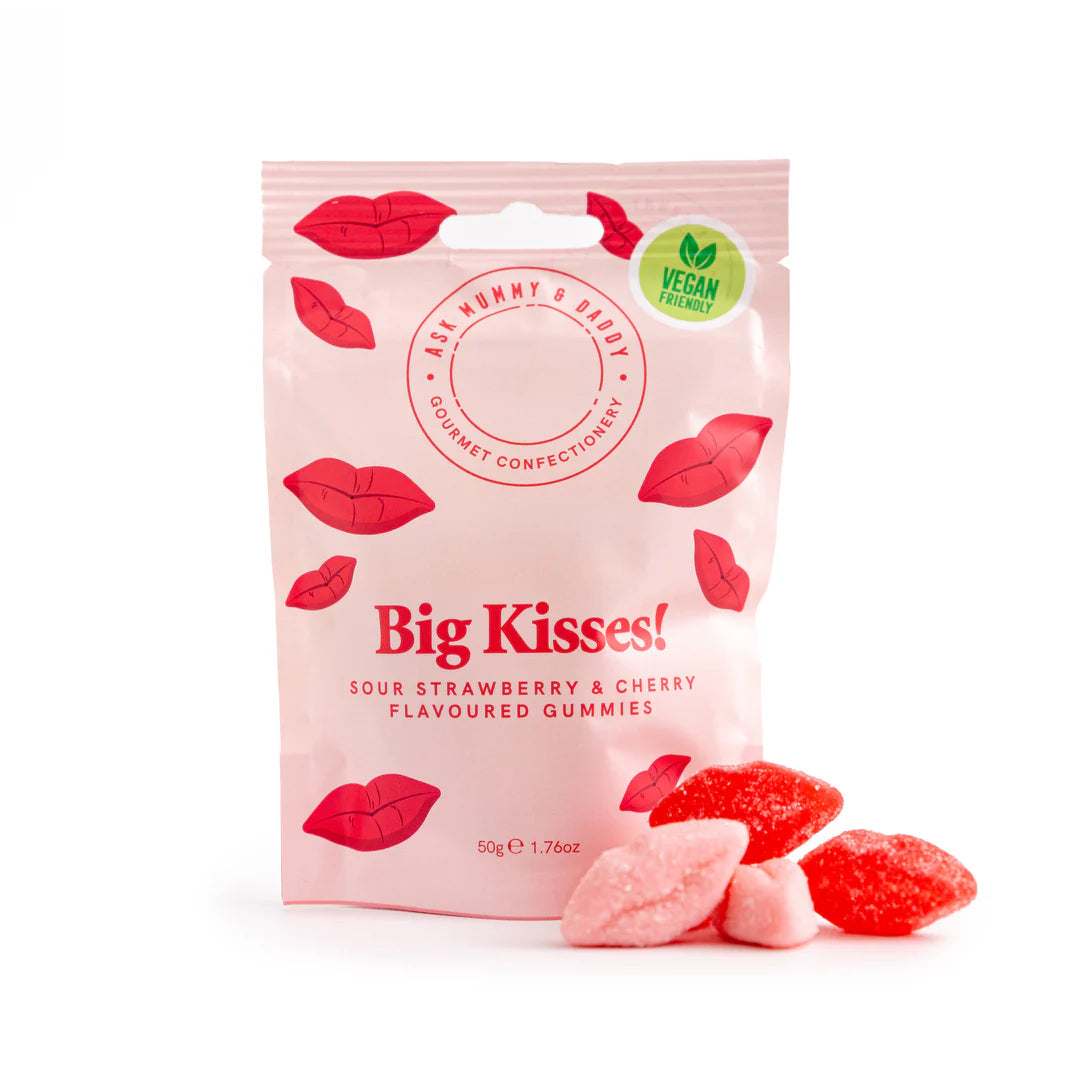 Packaging of Big Kisses! gummies with strawberry and cherry flavor on a white background