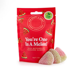 Red package of Sour Watermelon Gummies with watermelon slices and text on a white background