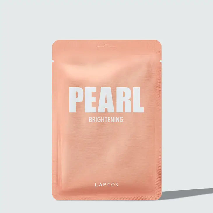 Pearl brightening sheet mask packaging with 'LAPCOS' branding on a light gray background