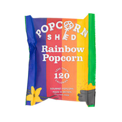 Colorful popcorn bag with 'Popcorn Shed' branding on a white background