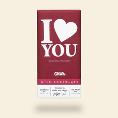 A red milk chocolate Gnaw bar with the text 'I love you' printed in white, indicating it is a gift product.