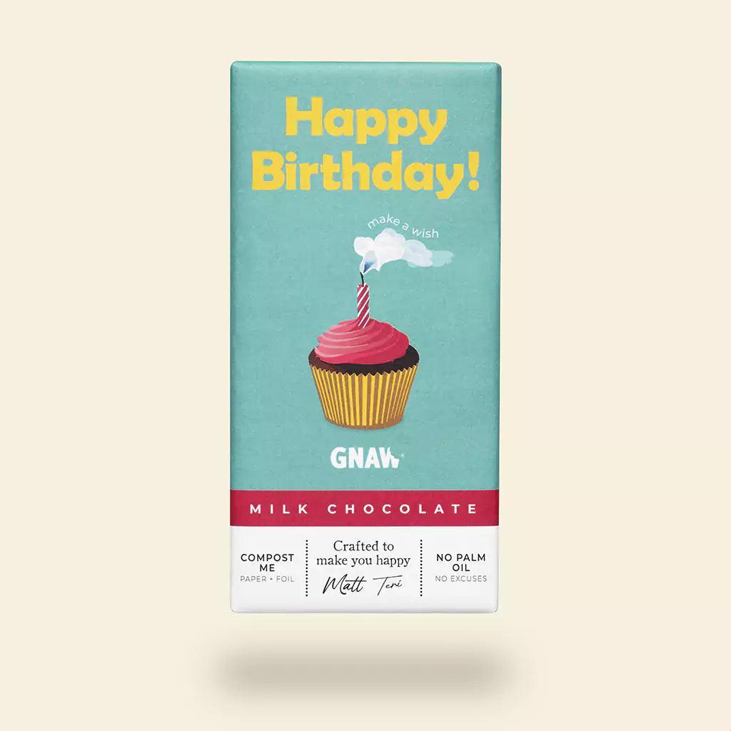 Chocolate Bar with Happy Birthday written on the packaging with a picture of a cupcake and candle.