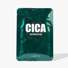 A green-colored face mask pack labeled 'Lapcos Cica Regeneration' attached to a white background.