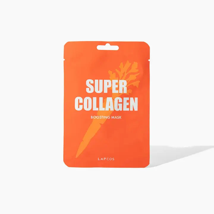 Orange 'Super Collagen' boosting face mask packaging on a white background