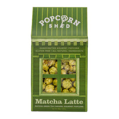 Green box of Popcorn Shed Matcha Latte popcorn on a white background